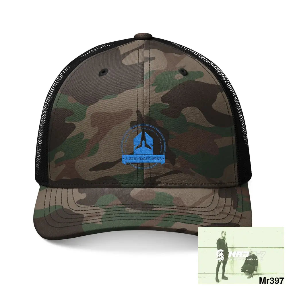 A1 Who Dares Wins Camouflage Trucker Hat with Embroidery | Military Style Cap Outdoor Adventure Gear Hunting
