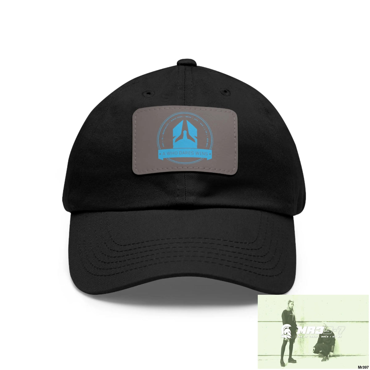 A1 Who Dares Wins Dad Hat with Leather Patch (Rectangle) Black / Grey patch / Rectangle / One size Hats
