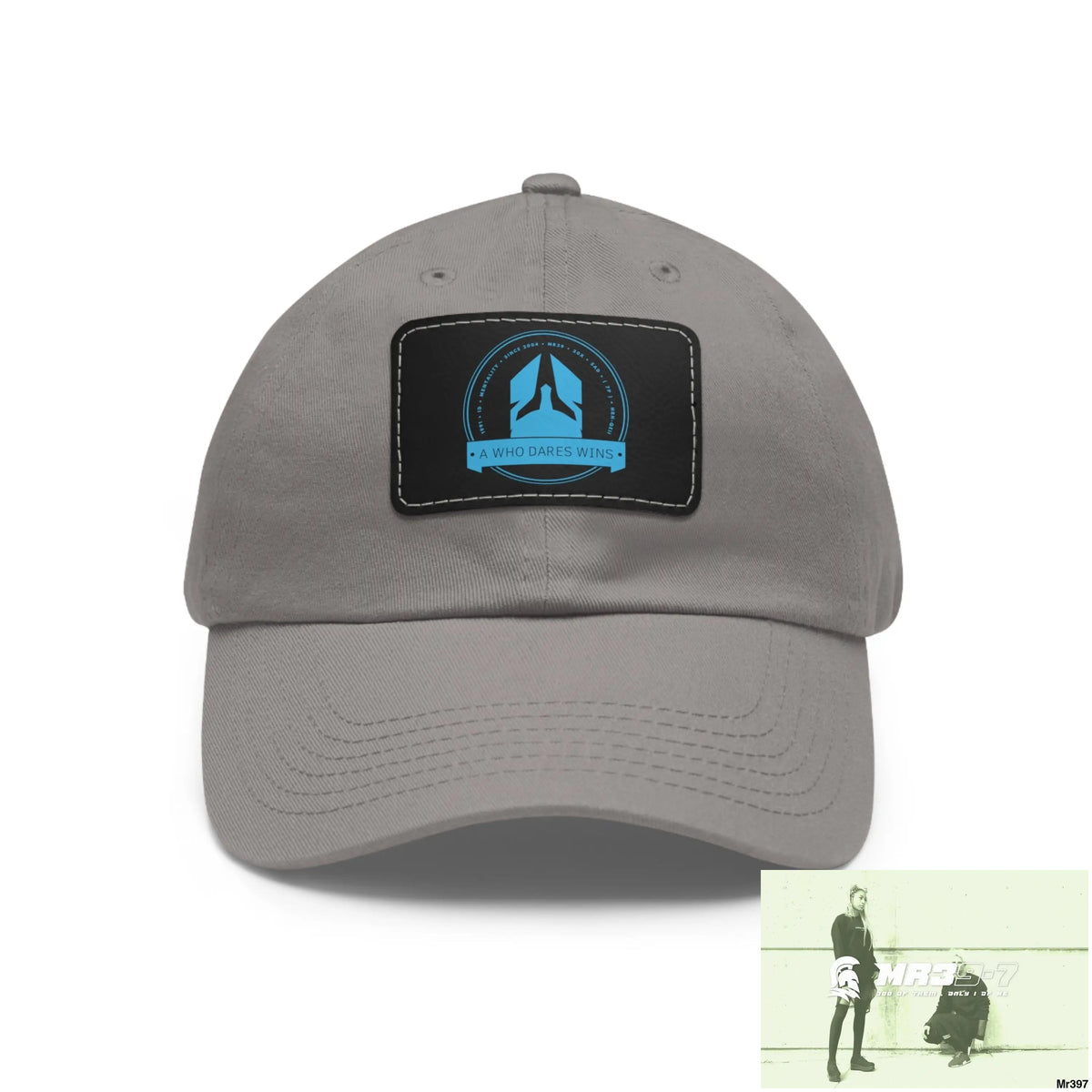 A1 Who Dares Wins Dad Hat with Leather Patch (Rectangle) Grey / Black patch / Rectangle / One size Hats