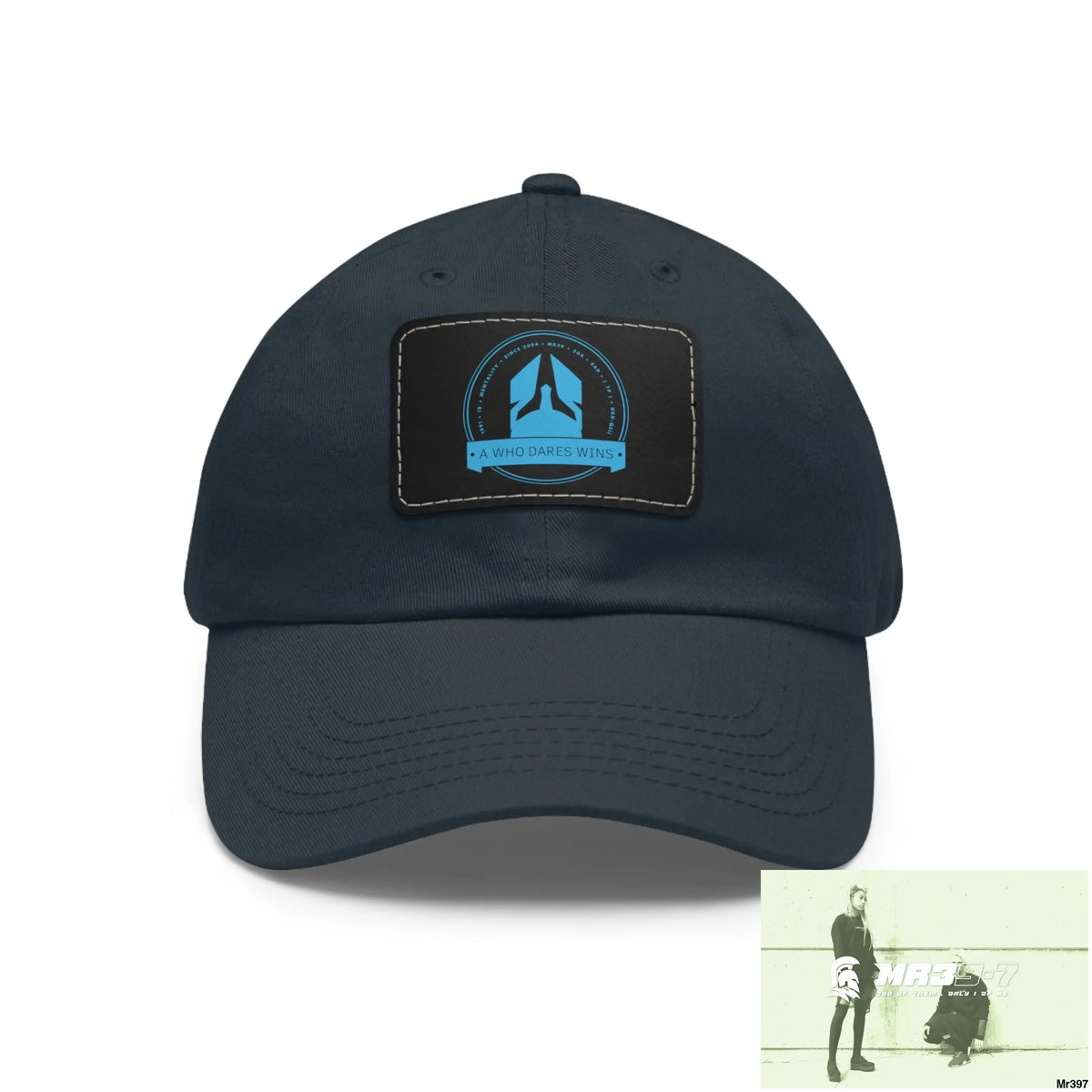 A1 Who Dares Wins Dad Hat with Leather Patch (Rectangle) Navy / Black patch / Rectangle / One size Hats