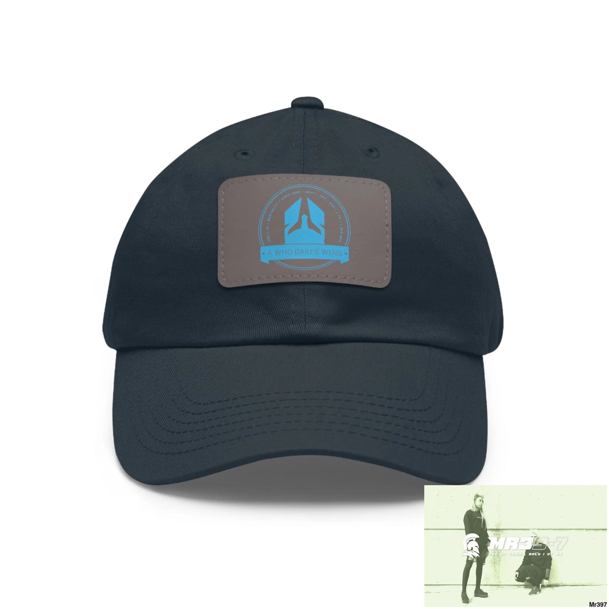 A1 Who Dares Wins Dad Hat with Leather Patch (Rectangle) Navy / Grey patch / Rectangle / One size Hats