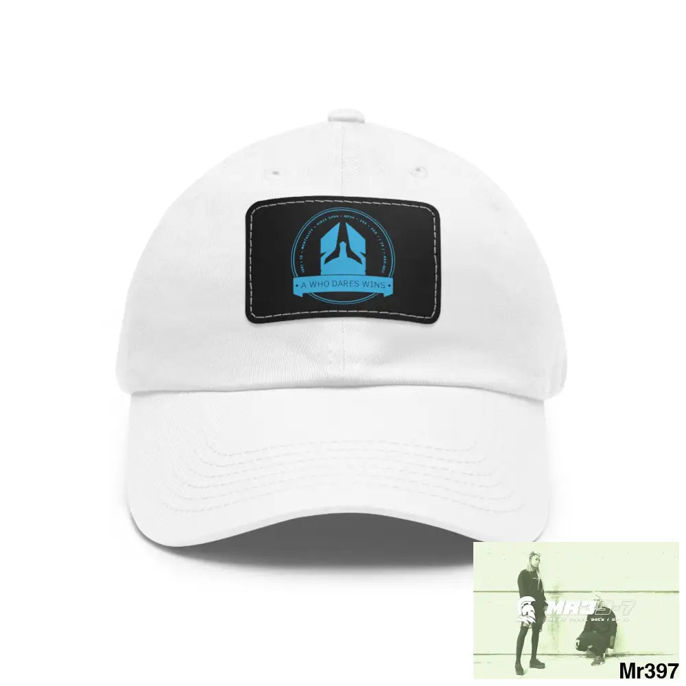 A1 Who Dares Wins Dad Hat with Leather Patch (Rectangle) White / Black patch / Rectangle / One size Hats