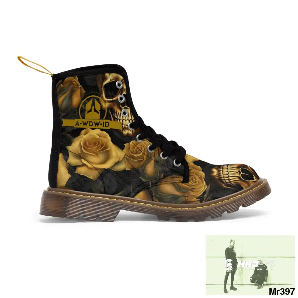 A1 Who Dares Wins ID No 2 Gothic Skulls and Gold Roses Canvas Boots AOP Shoes