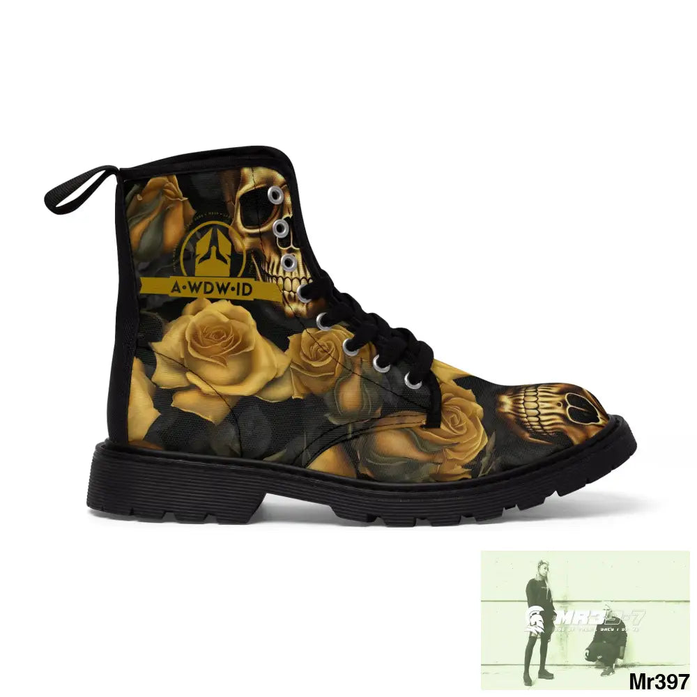 A1 Who Dares Wins ID No 2 Gothic Skulls and Gold Roses Canvas Boots AOP Shoes