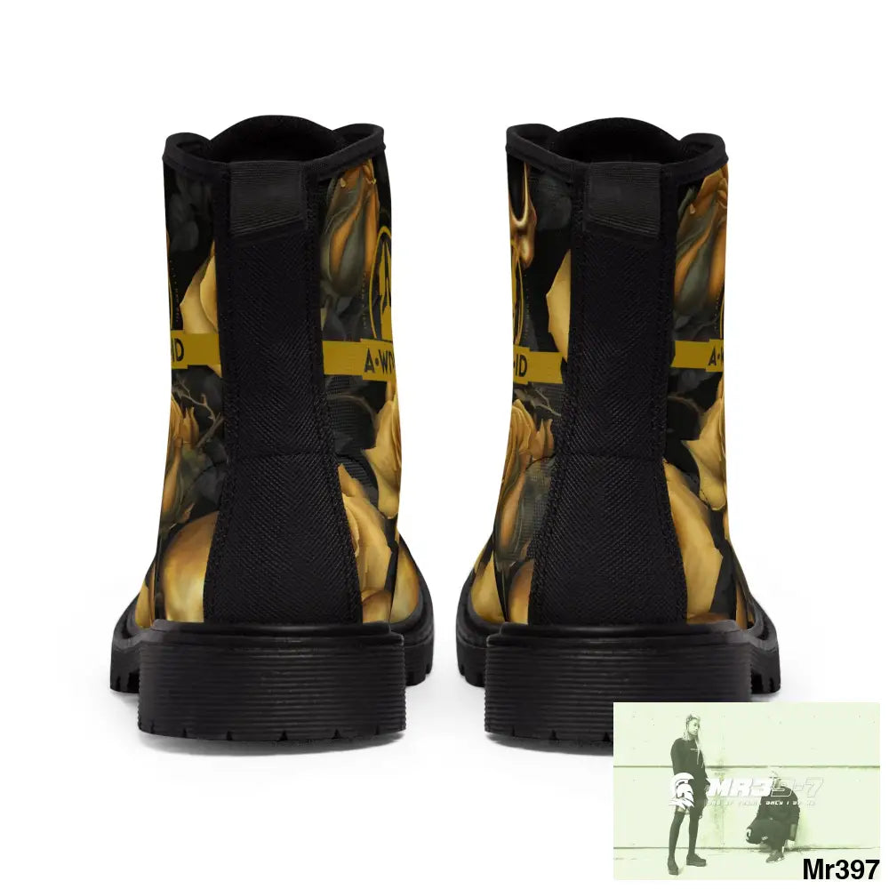 A1 Who Dares Wins ID No 2 Gothic Skulls and Gold Roses Canvas Boots AOP Shoes