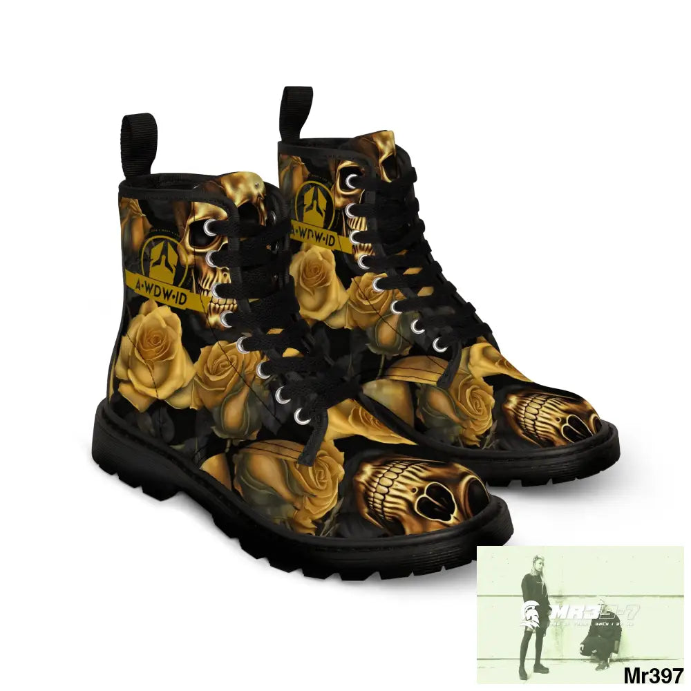 A1 Who Dares Wins ID No 2 Gothic Skulls and Gold Roses Canvas Boots AOP Shoes