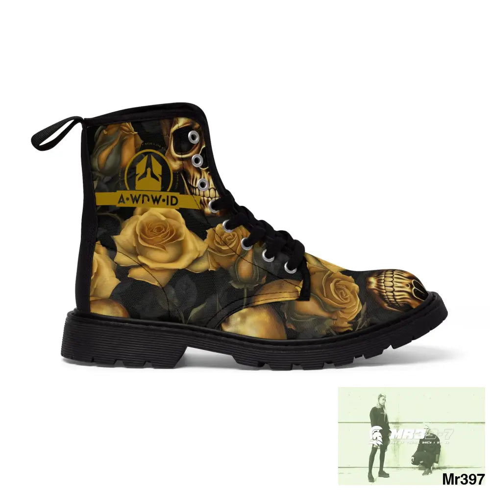 A1 Who Dares Wins ID No 2 Gothic Skulls and Gold Roses Canvas Boots AOP US 7 / Black sole Shoes