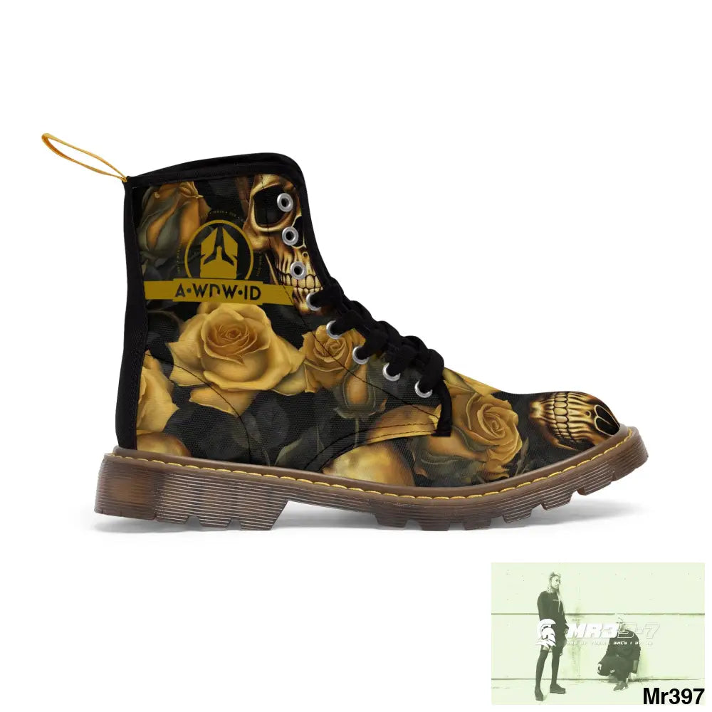 A1 Who Dares Wins ID No 2 Gothic Skulls and Gold Roses Canvas Boots AOP US 7 / Brown sole Shoes