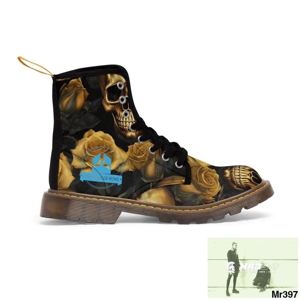 A1 Who Dares Wins No 2 Gothic Skulls and Gold Roses Canvas Boots AOP Shoes
