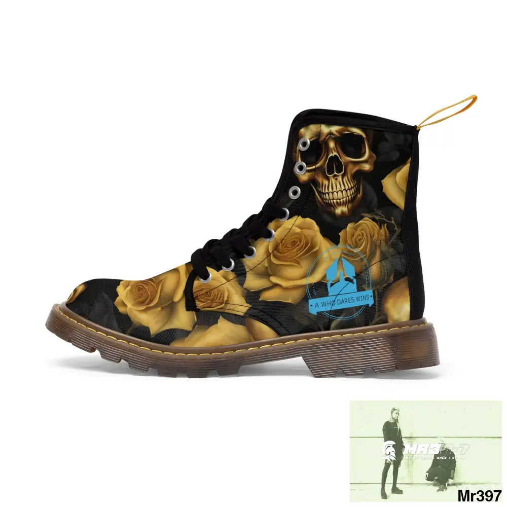 A1 Who Dares Wins No 2 Gothic Skulls and Gold Roses Canvas Boots AOP Shoes