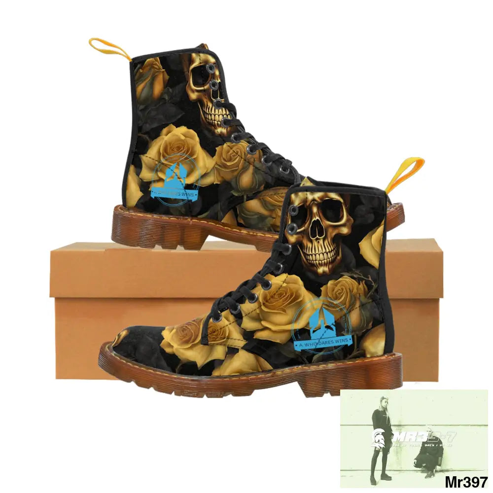 A1 Who Dares Wins No 2 Gothic Skulls and Gold Roses Canvas Boots AOP Shoes