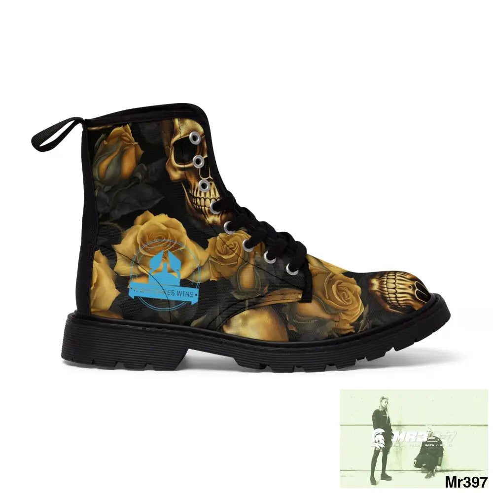 A1 Who Dares Wins No 2 Gothic Skulls and Gold Roses Canvas Boots AOP Shoes