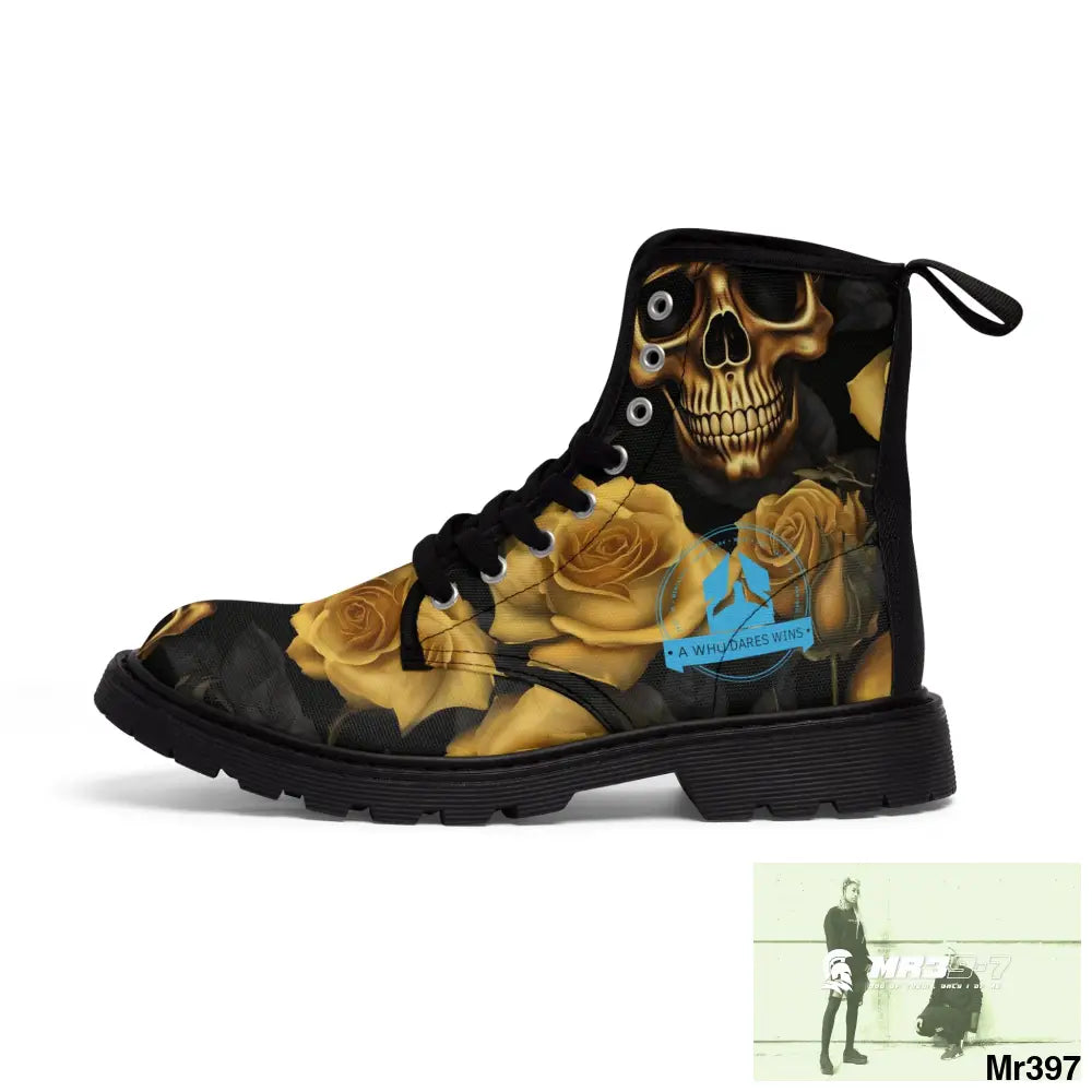 A1 Who Dares Wins No 2 Gothic Skulls and Gold Roses Canvas Boots AOP Shoes