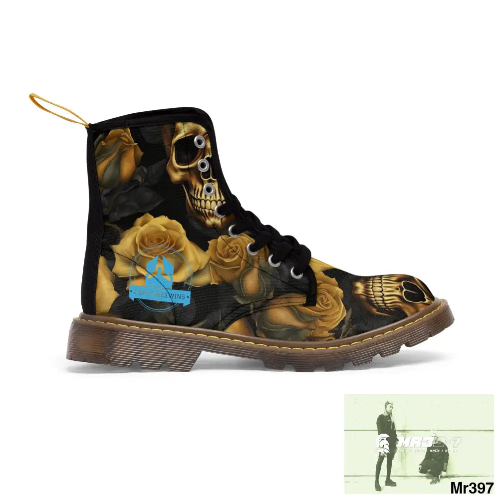 A1 Who Dares Wins No 2 Gothic Skulls and Gold Roses Canvas Boots AOP US 7 / Brown sole Shoes