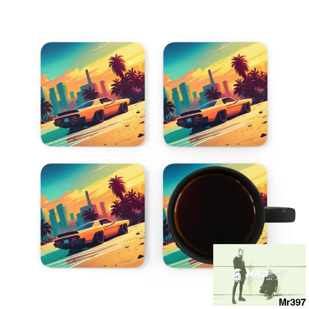 AI Vigilante Vice theme Corkwood Coaster Set Cork / 3.75’’ × 3.75’’ / Square Home Decor