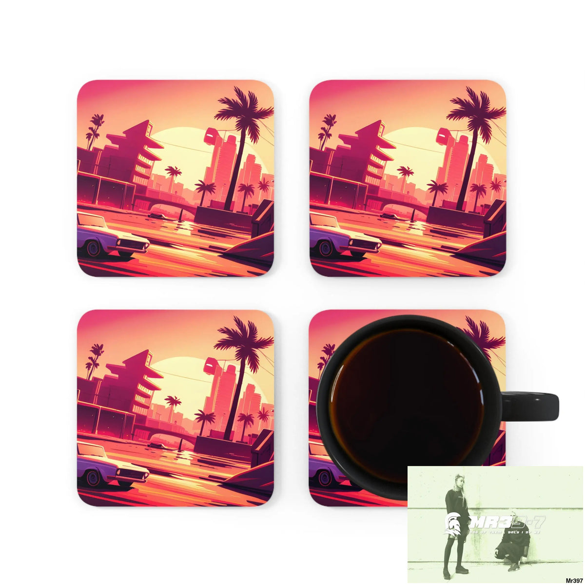 AI Vigilante Vice theme Corkwood Coaster Set Cork / 3.75’’ × 3.75’’ / Square Home Decor