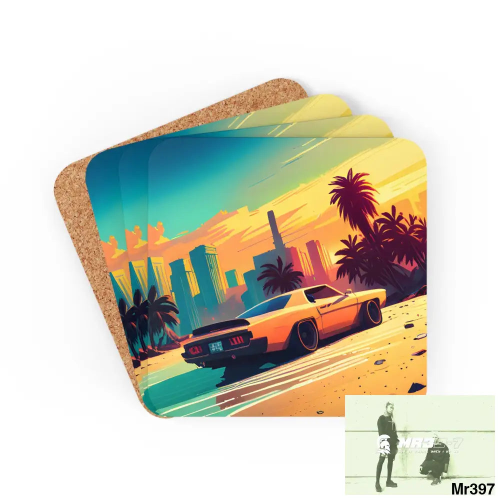 AI Vigilante Vice theme Corkwood Coaster Set Cork / 3.75’’ × 3.75’’ / Square Home Decor