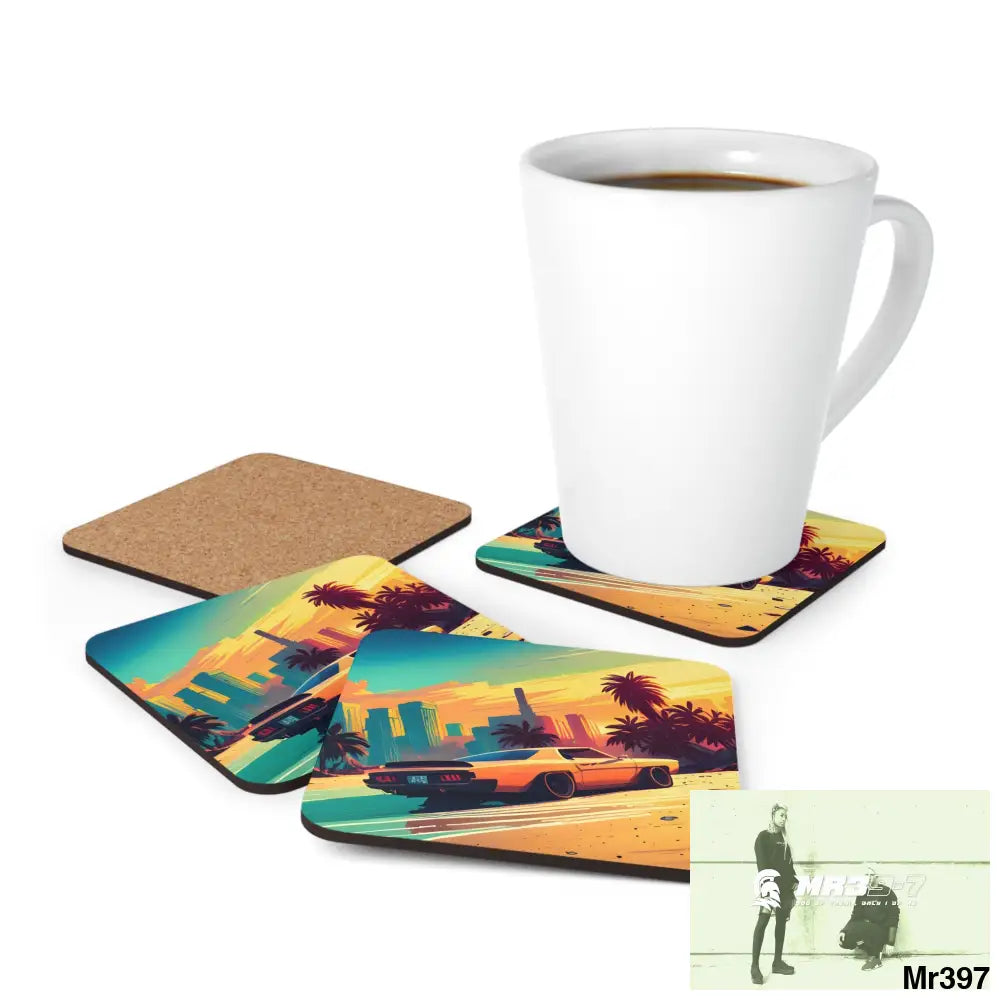 AI Vigilante Vice theme Corkwood Coaster Set Cork / 3.75’’ × 3.75’’ / Square Home Decor