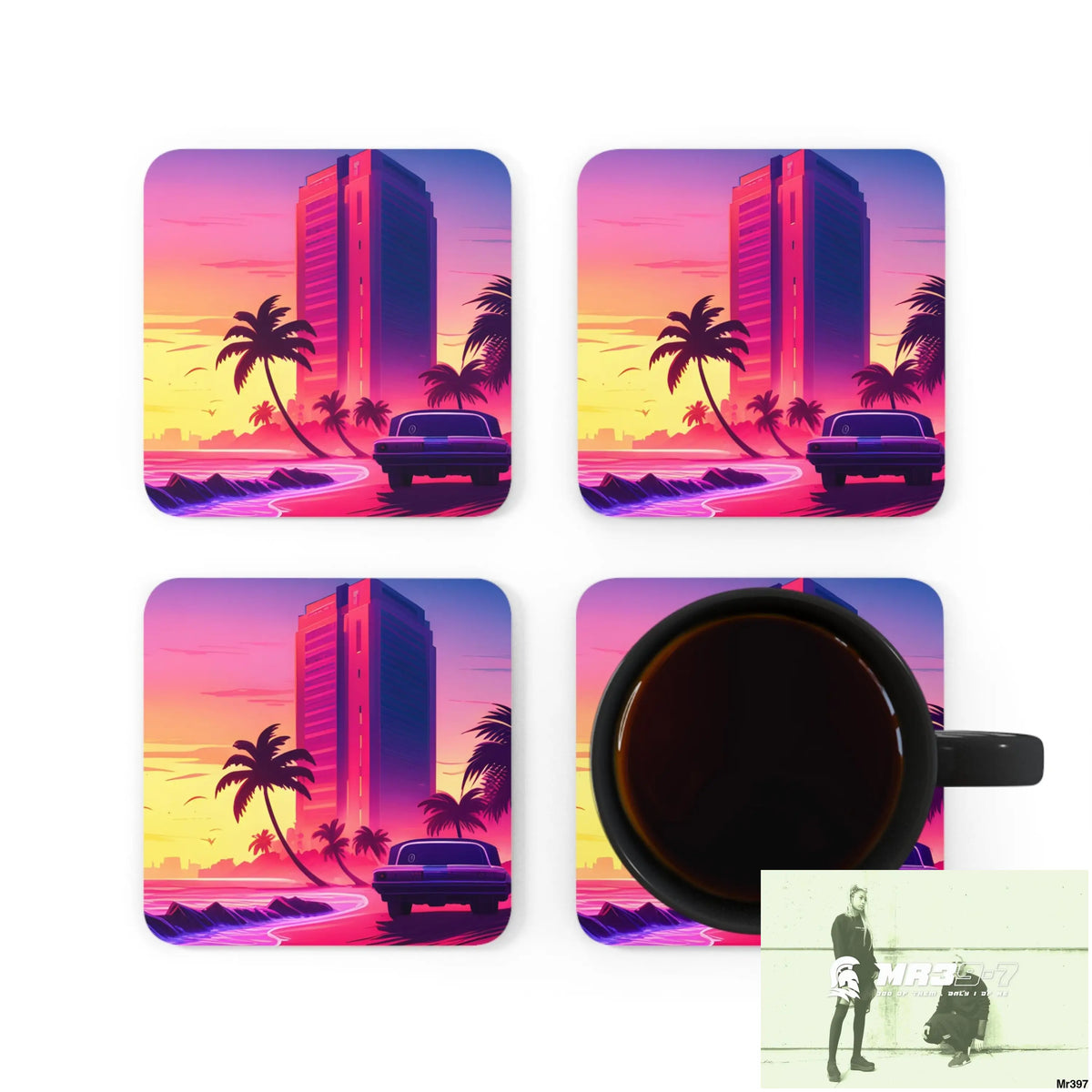 AI Vigilante Vice theme Corkwood Coaster Set Cork / 3.75’’ × 3.75’’ / Square Home Decor