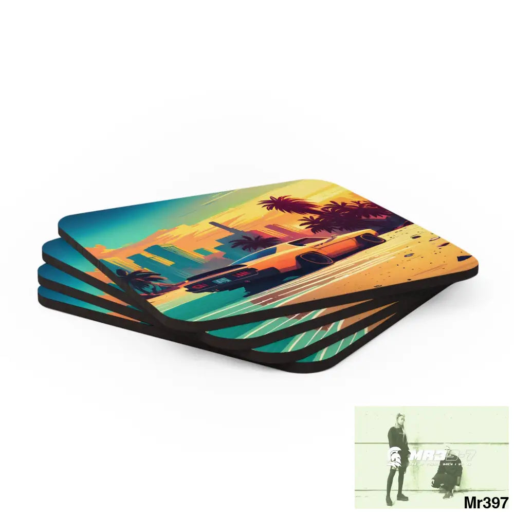 AI Vigilante Vice theme Corkwood Coaster Set Cork / 3.75’’ × 3.75’’ / Square Home Decor