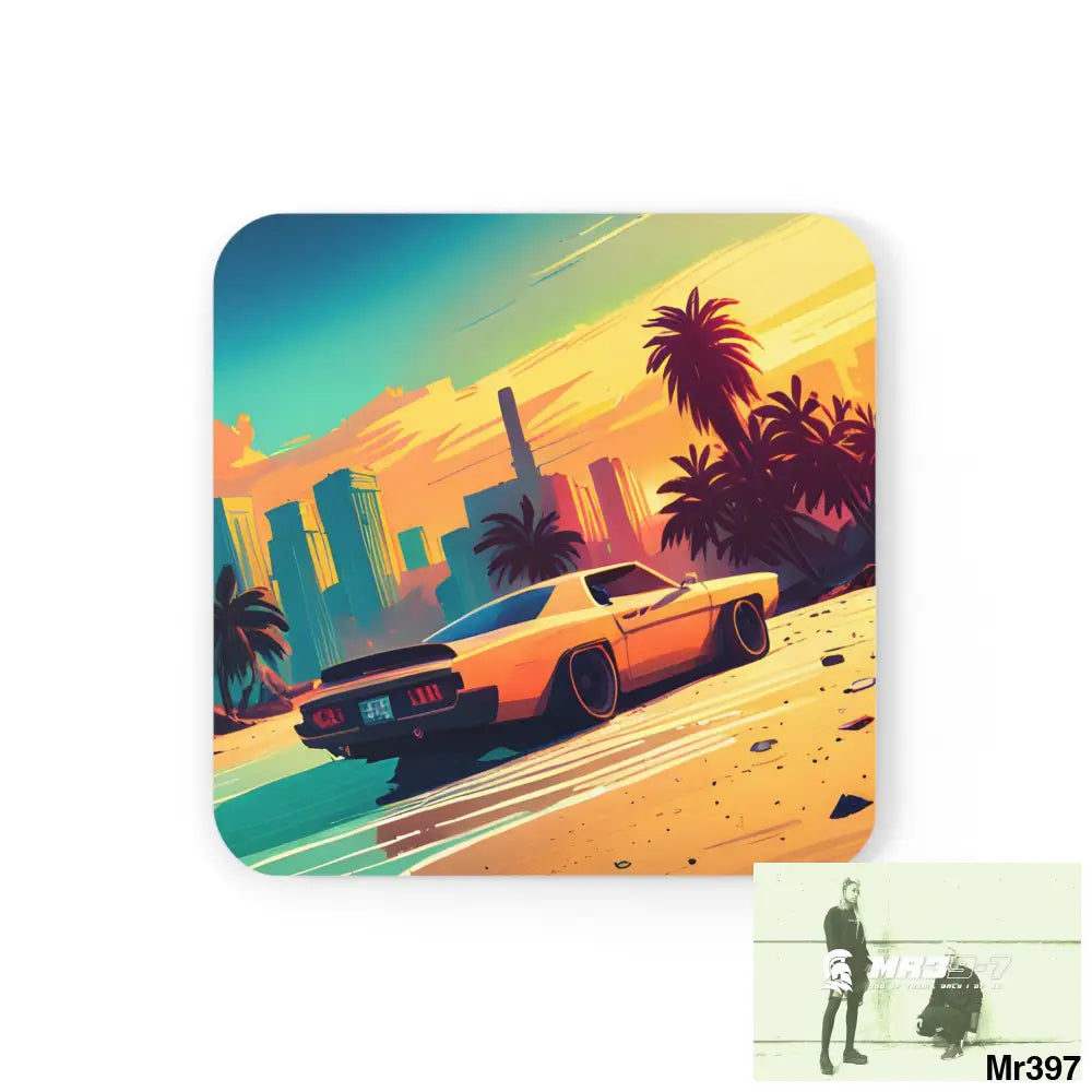 AI Vigilante Vice theme Corkwood Coaster Set Cork / 3.75’’ × 3.75’’ / Square Home Decor