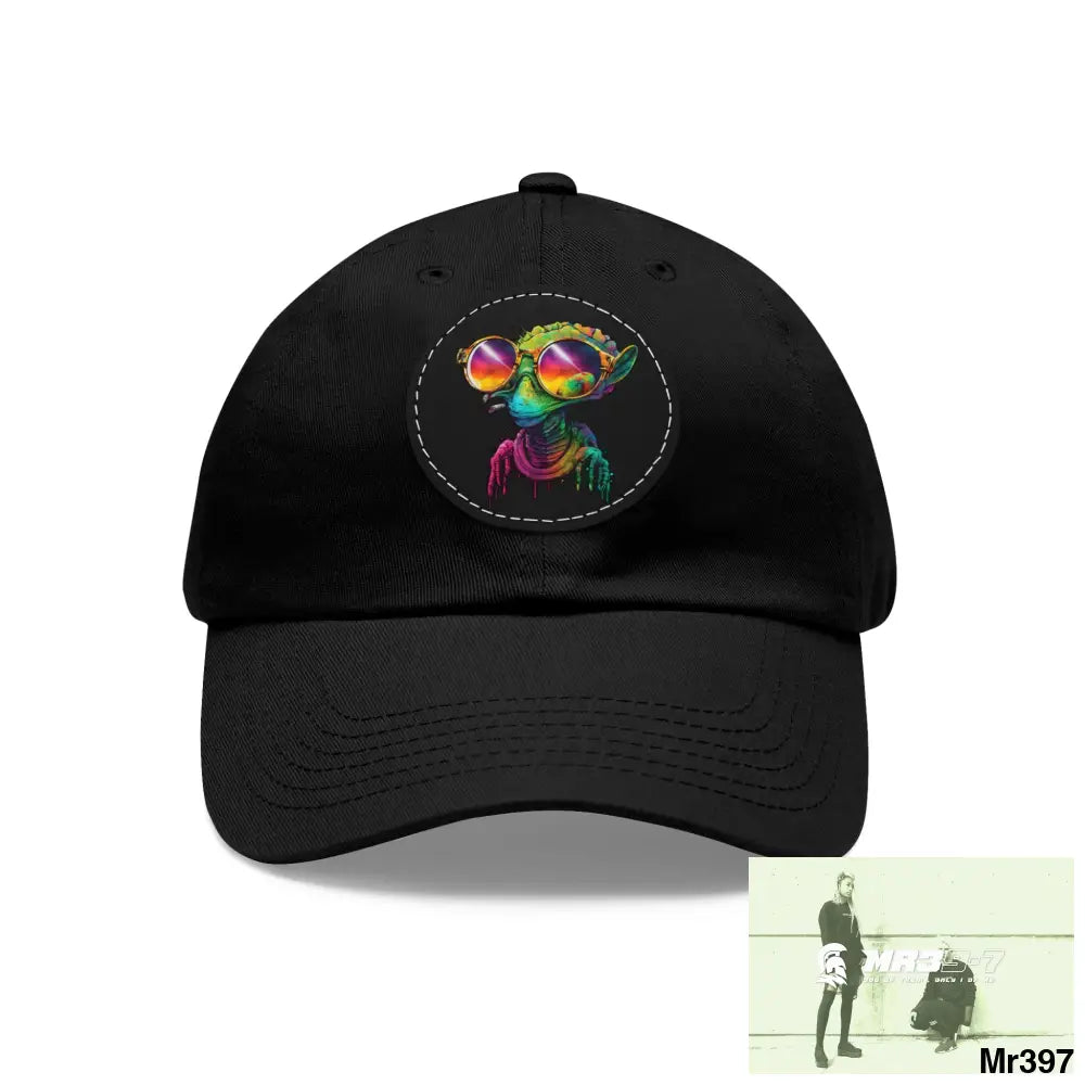 Alien in cool sunglasses Dad Hat with Leather Patch (Round) Black / Black patch / Circle / One size Hats