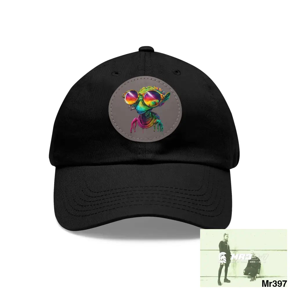 Alien in cool sunglasses Dad Hat with Leather Patch (Round) Black / Grey patch / Circle / One size Hats