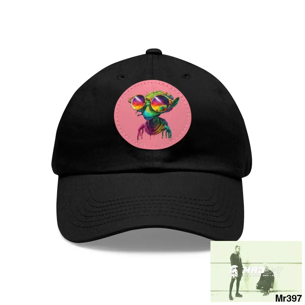 Alien in cool sunglasses Dad Hat with Leather Patch (Round) Black / Pink patch / Circle / One size Hats