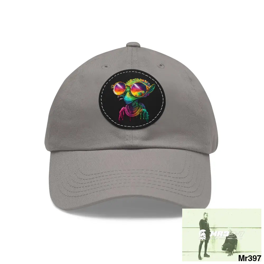 Alien in cool sunglasses Dad Hat with Leather Patch (Round) Grey / Black patch / Circle / One size Hats