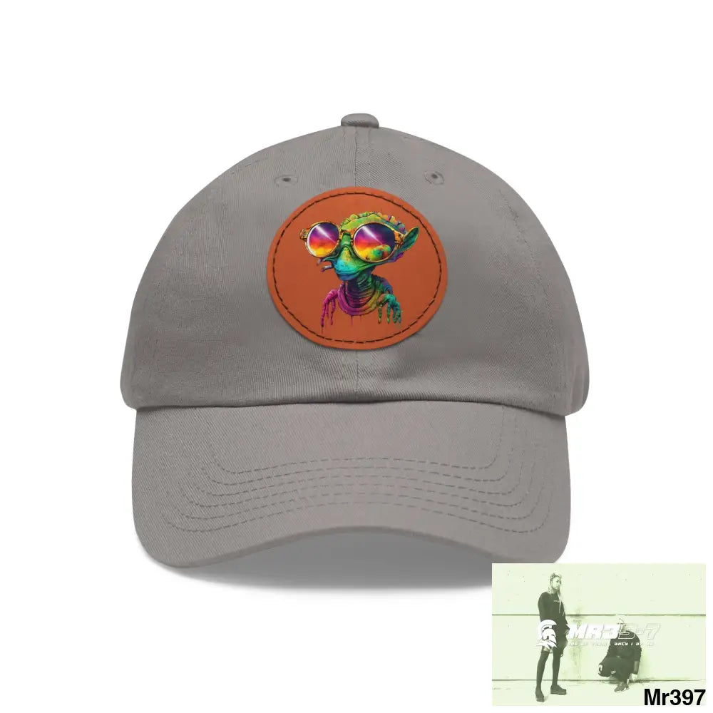 Alien in cool sunglasses Dad Hat with Leather Patch (Round) Grey / Light Brown patch / Circle / One size Hats