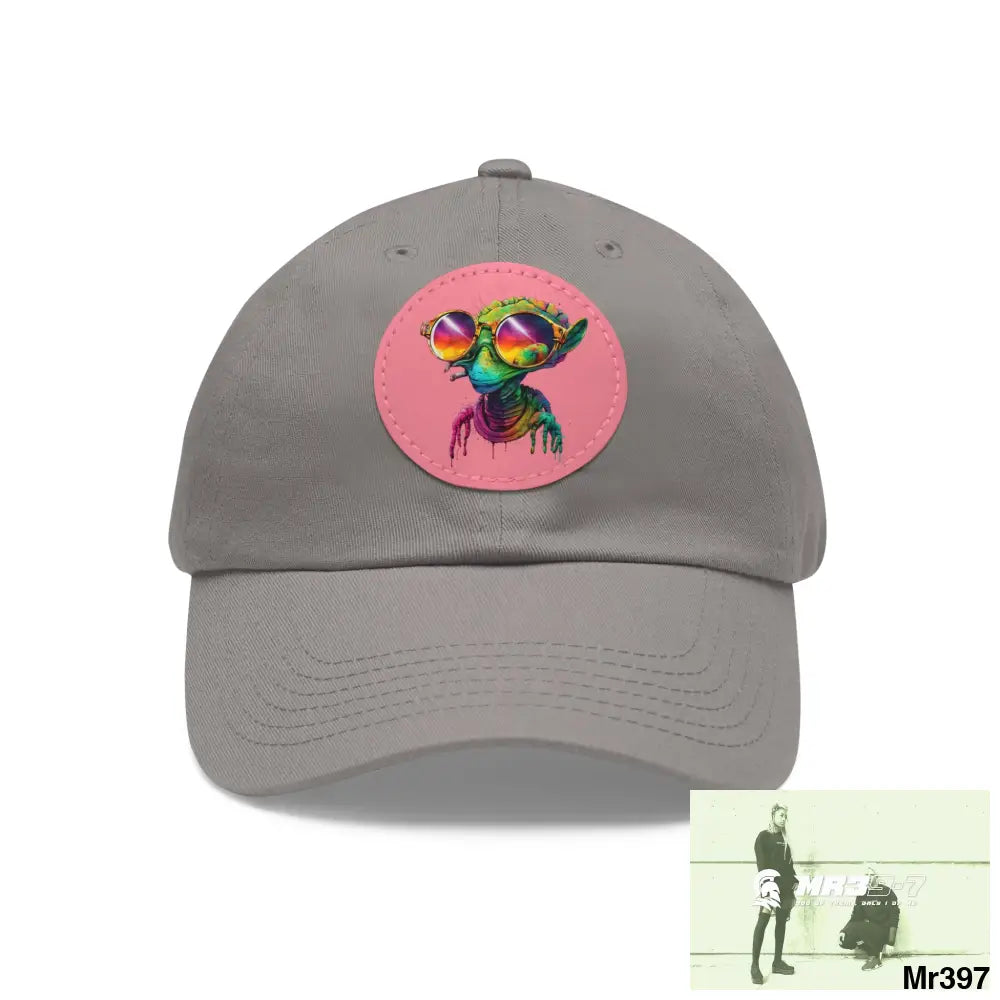 Alien in cool sunglasses Dad Hat with Leather Patch (Round) Grey / Pink patch / Circle / One size Hats