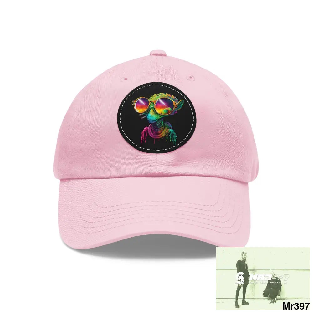 Alien in cool sunglasses Dad Hat with Leather Patch (Round) Light Pink / Black patch / Circle / One size Hats