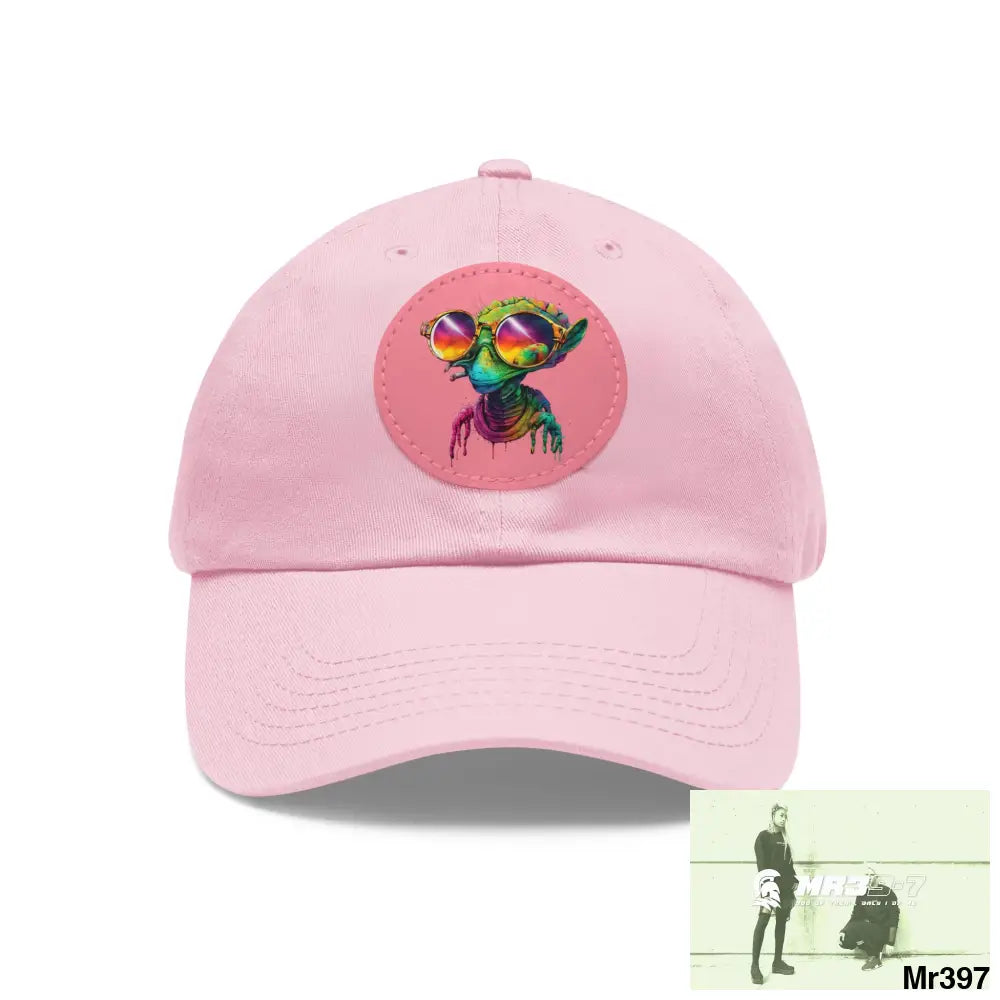 Alien in cool sunglasses Dad Hat with Leather Patch (Round) Light Pink / Pink patch / Circle / One size Hats