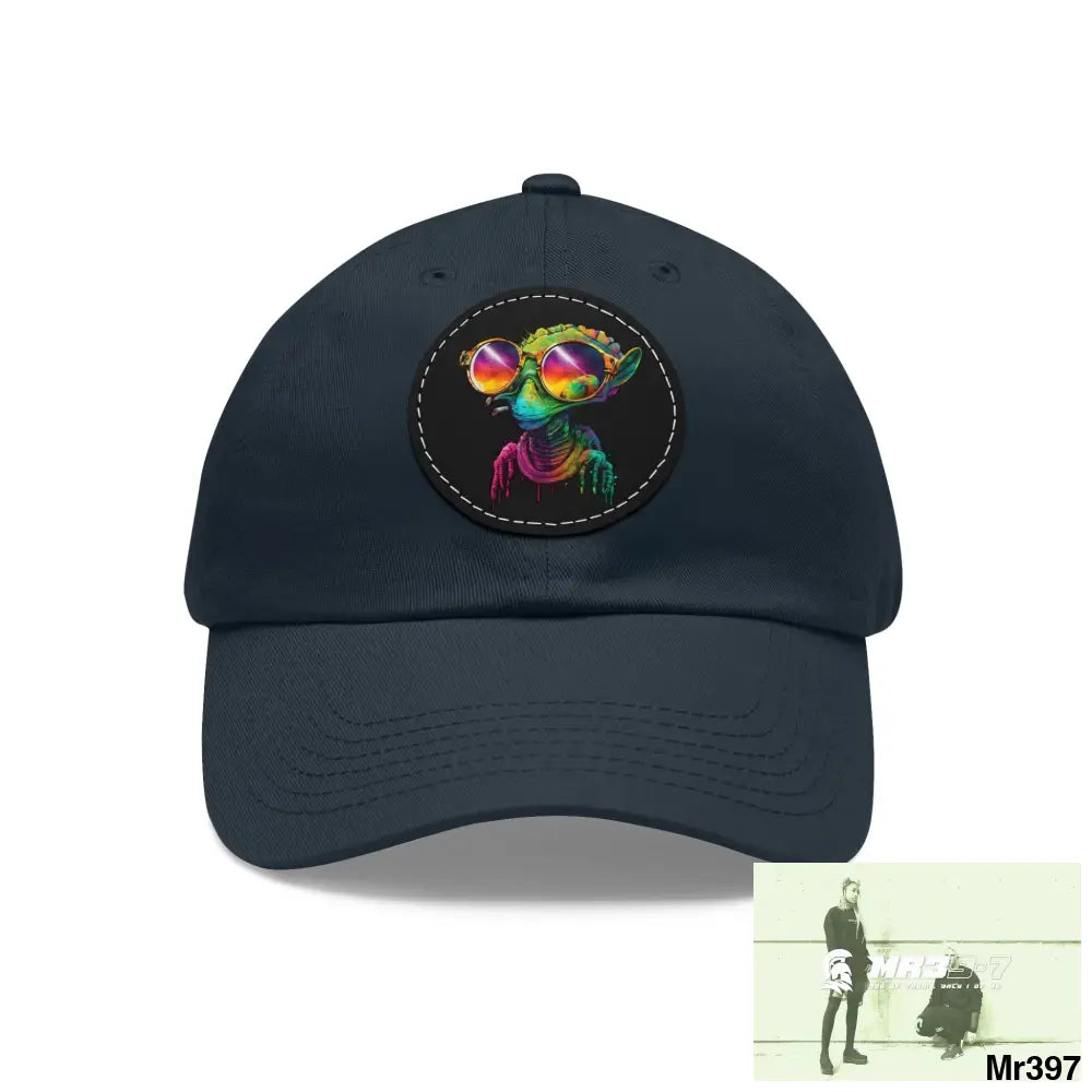 Alien in cool sunglasses Dad Hat with Leather Patch (Round) Navy / Black patch / Circle / One size Hats