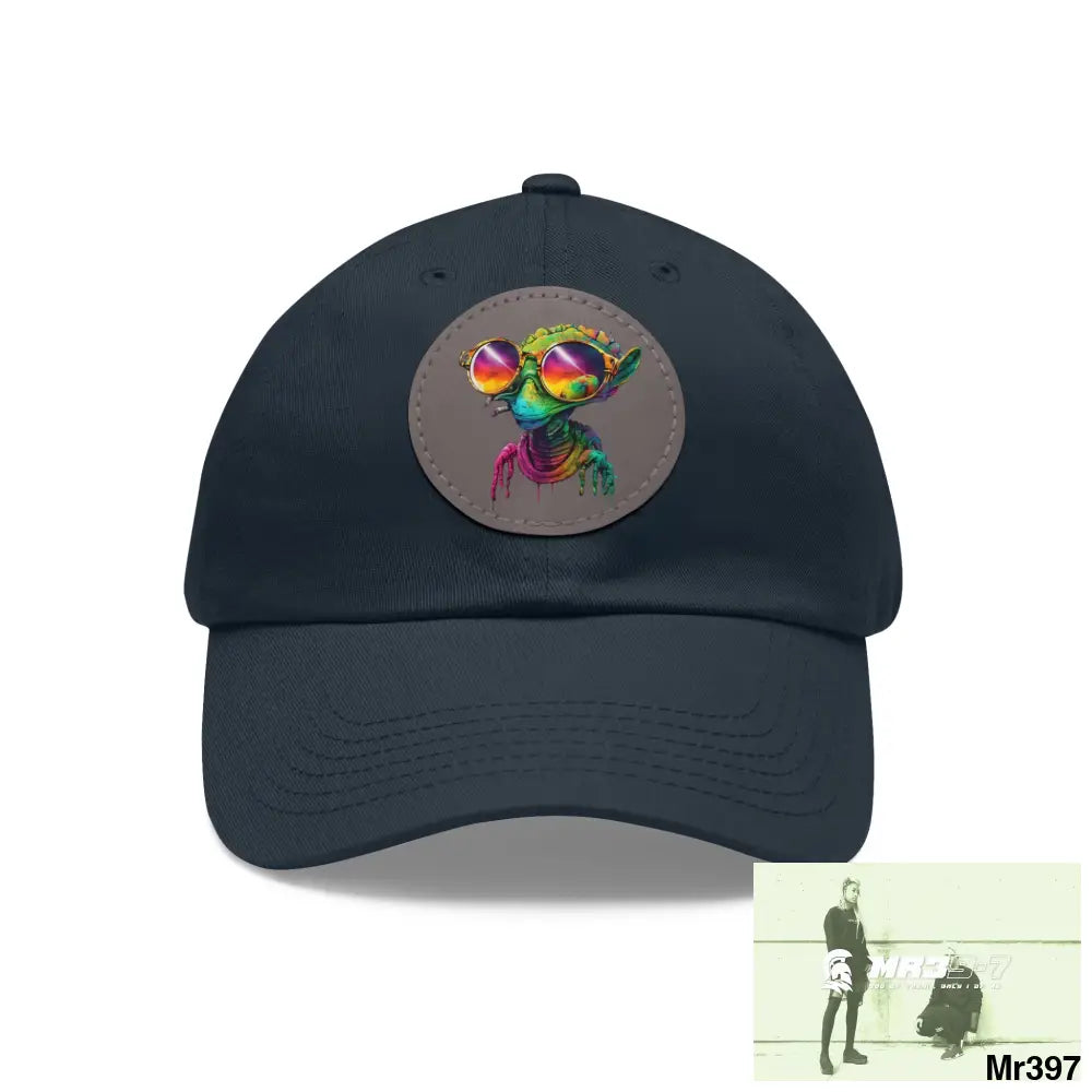 Alien in cool sunglasses Dad Hat with Leather Patch (Round) Navy / Grey patch / Circle / One size Hats