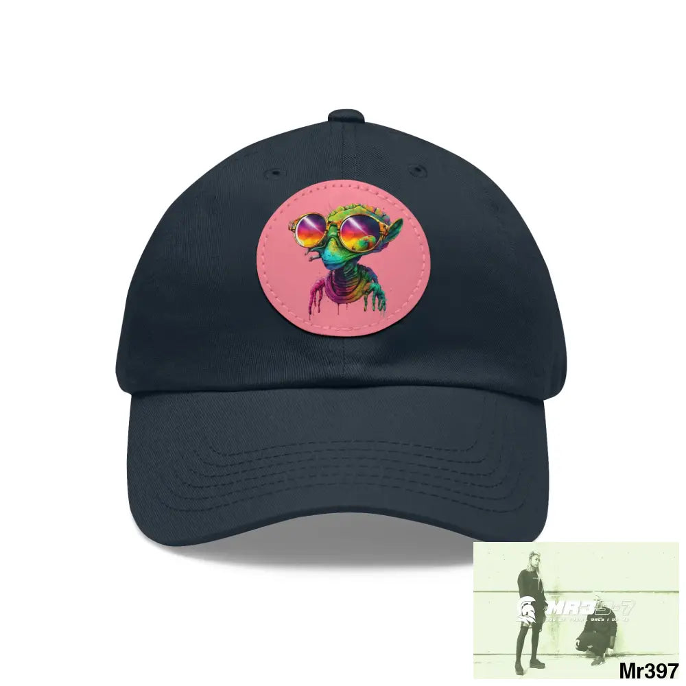 Alien in cool sunglasses Dad Hat with Leather Patch (Round) Navy / Pink patch / Circle / One size Hats