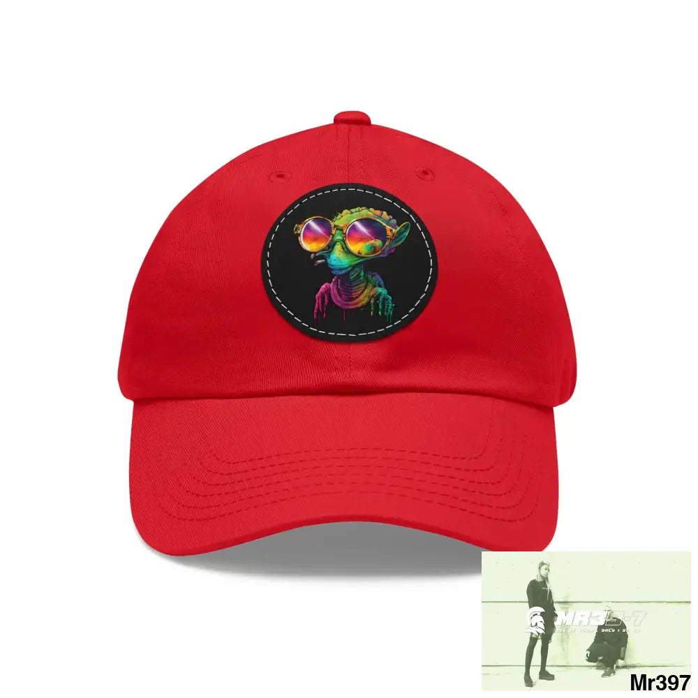 Alien in cool sunglasses Dad Hat with Leather Patch (Round) Red / Black patch / Circle / One size Hats