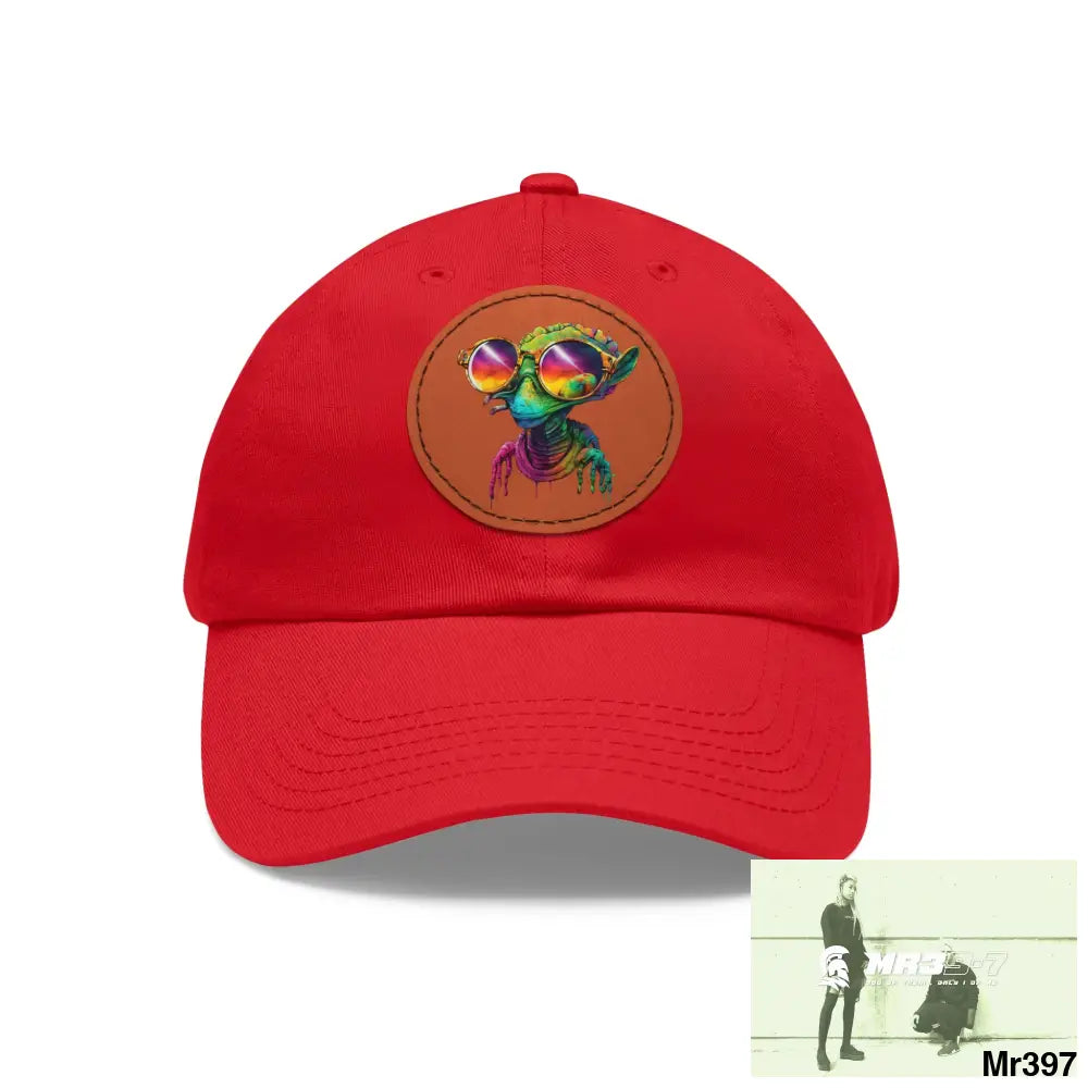 Alien in cool sunglasses Dad Hat with Leather Patch (Round) Red / Light Brown patch / Circle / One size Hats