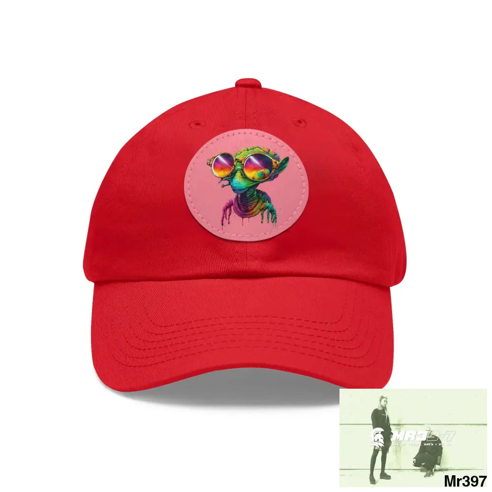 Alien in cool sunglasses Dad Hat with Leather Patch (Round) Red / Pink patch / Circle / One size Hats