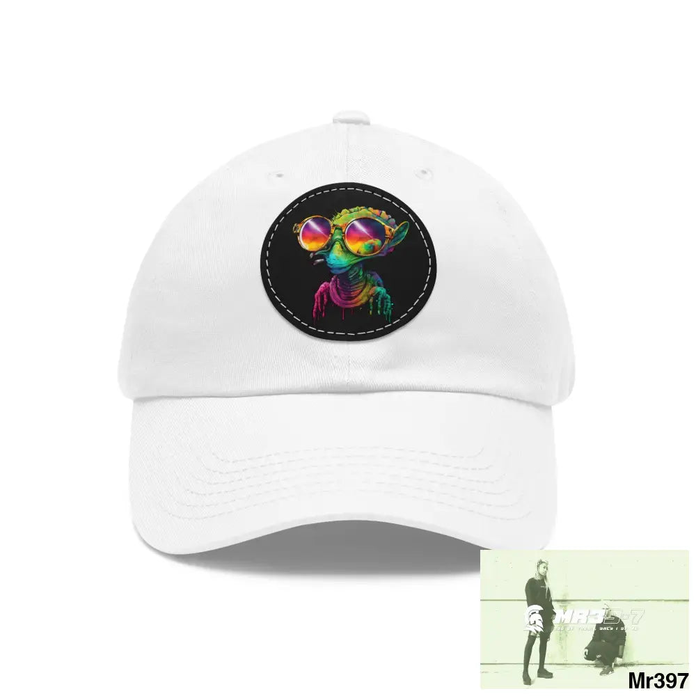 Alien in cool sunglasses Dad Hat with Leather Patch (Round) White / Black patch / Circle / One size Hats