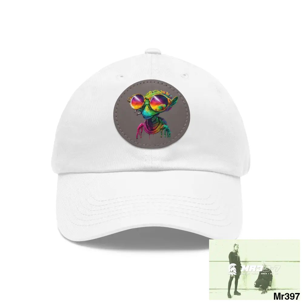 Alien in cool sunglasses Dad Hat with Leather Patch (Round) White / Grey patch / Circle / One size Hats