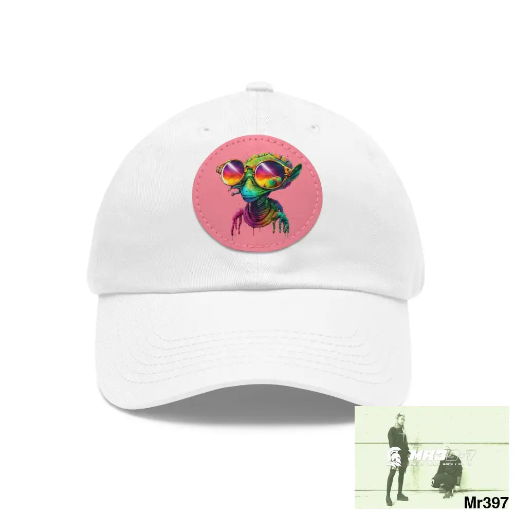 Alien in cool sunglasses Dad Hat with Leather Patch (Round) White / Pink patch / Circle / One size Hats