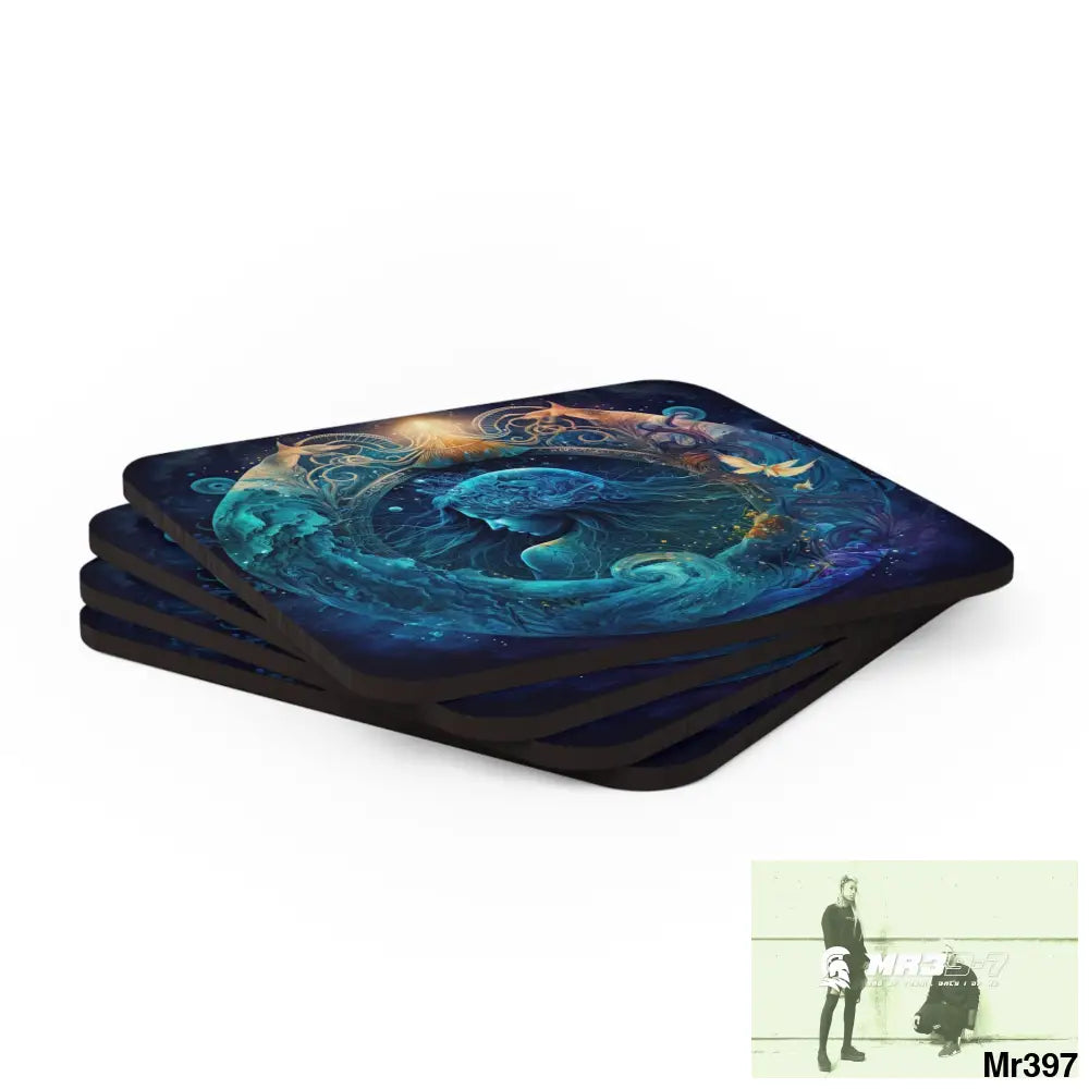 Aquarius Zodiac Coaster Set Cork / 3.75’’ × 3.75’’ / Square Home Decor