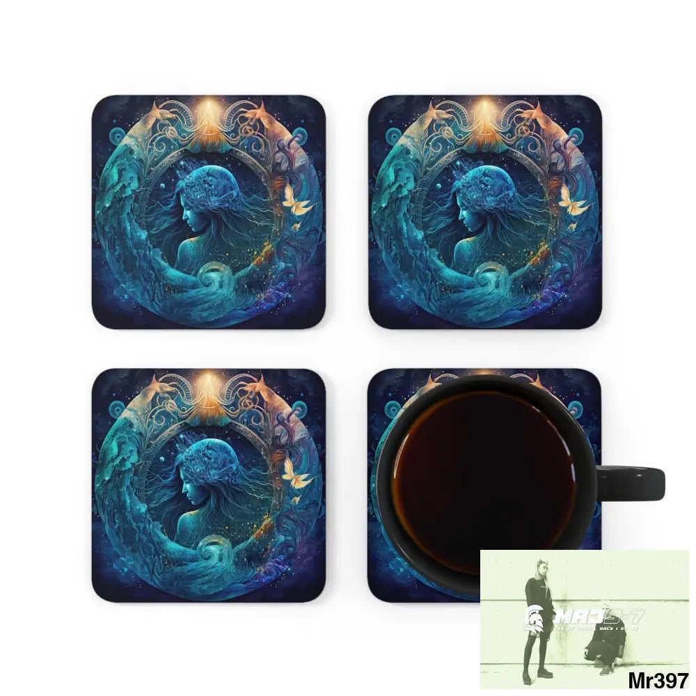 Aquarius Zodiac Coaster Set Cork / 3.75’’ × 3.75’’ / Square Home Decor