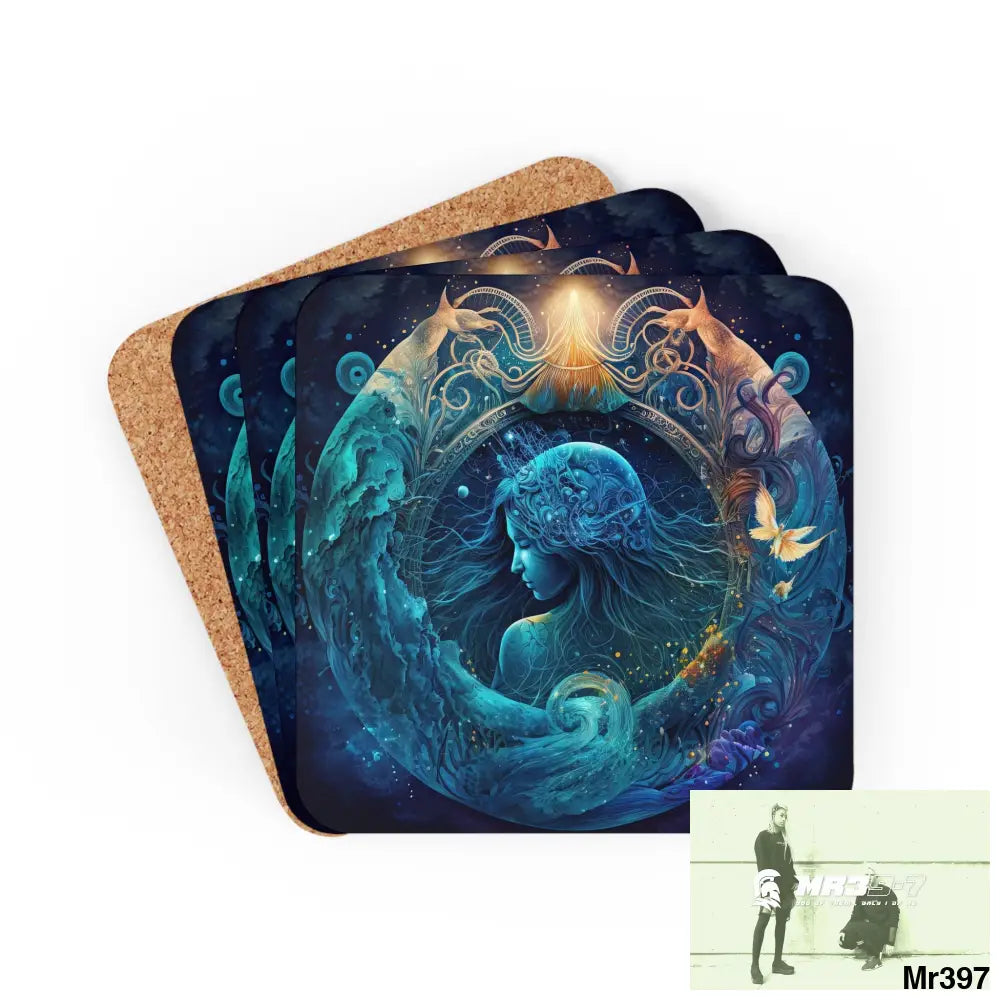 Aquarius Zodiac Coaster Set Cork / 3.75’’ × 3.75’’ / Square Home Decor
