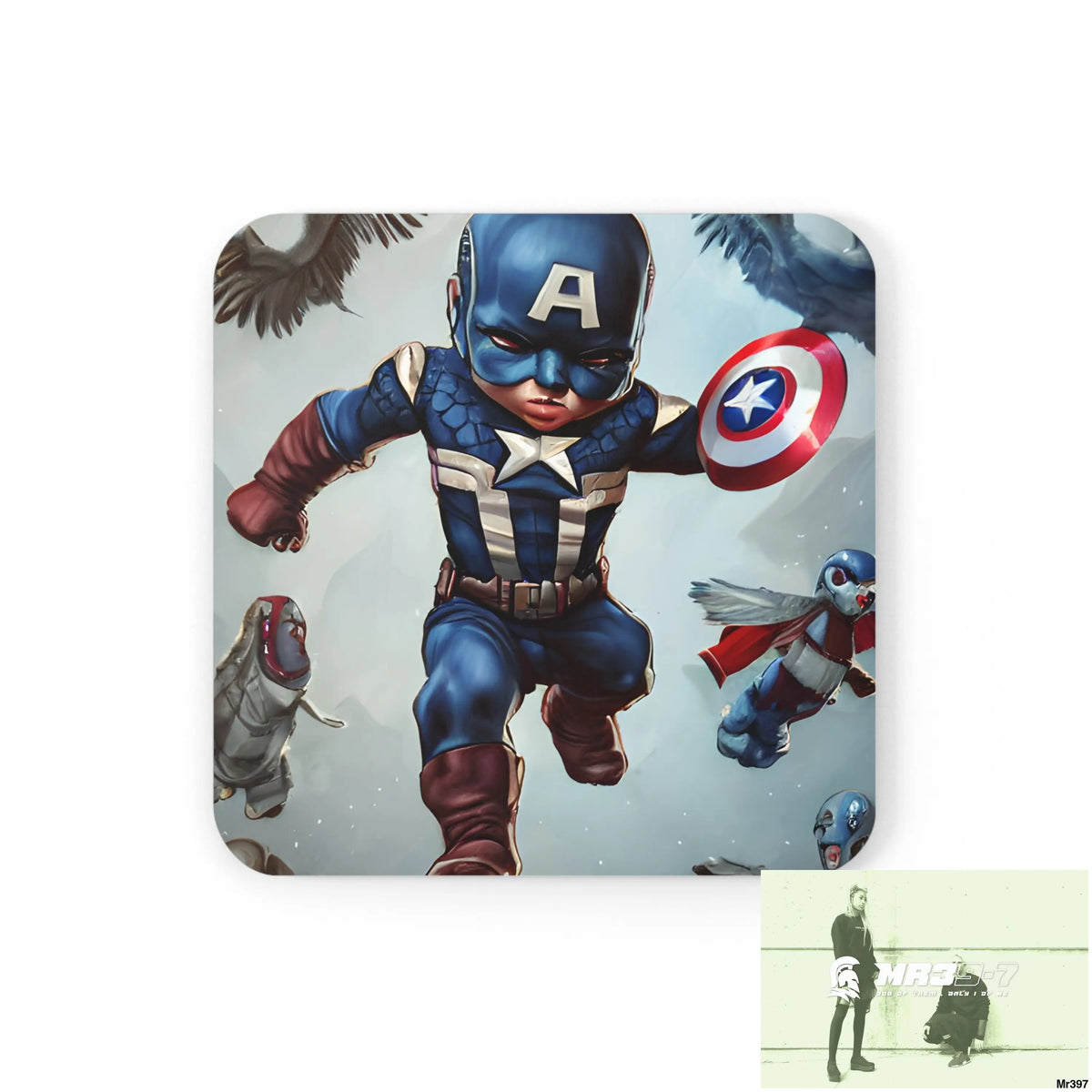 Baby Captain America Corkwood Coaster Set Cork / 3.75’’ × 3.75’’ / Square Home Decor