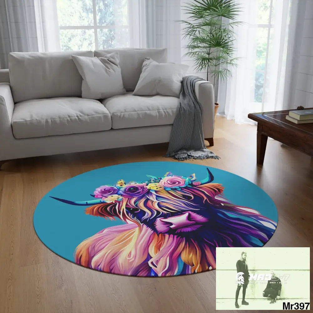 Baby Highland Cow Round Rug 60’’ × 60’’ Home Decor