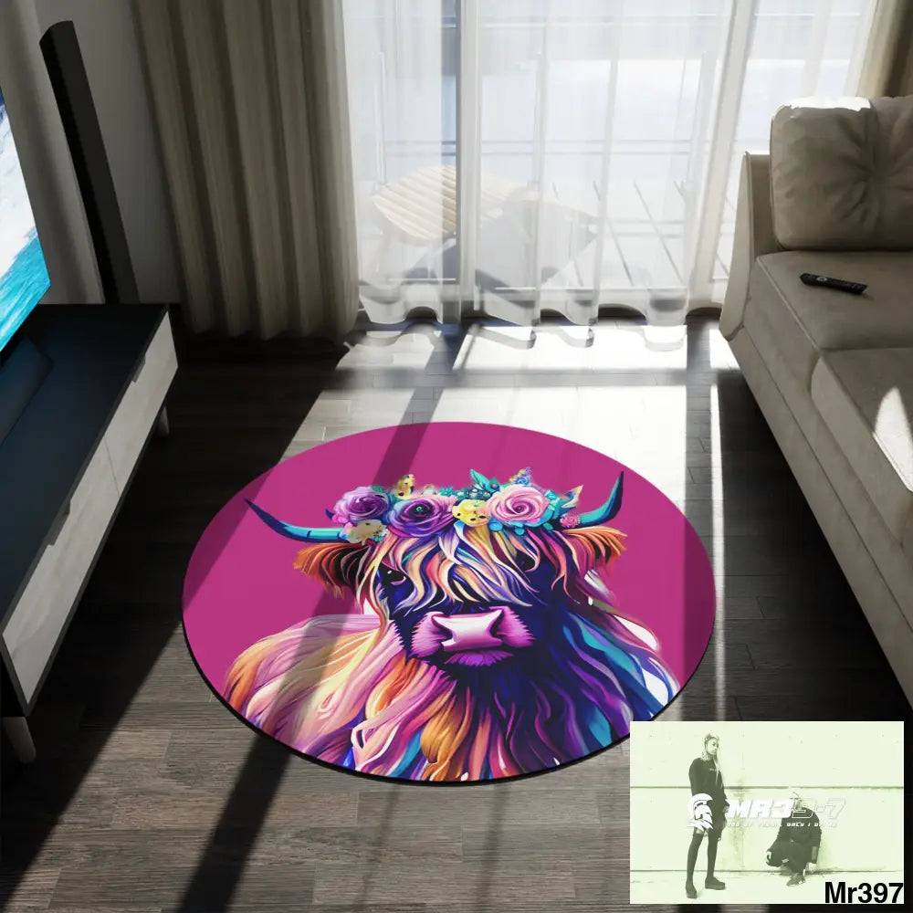 Baby Highland Cow Round Rug 60’’ × 60’’ Home Decor