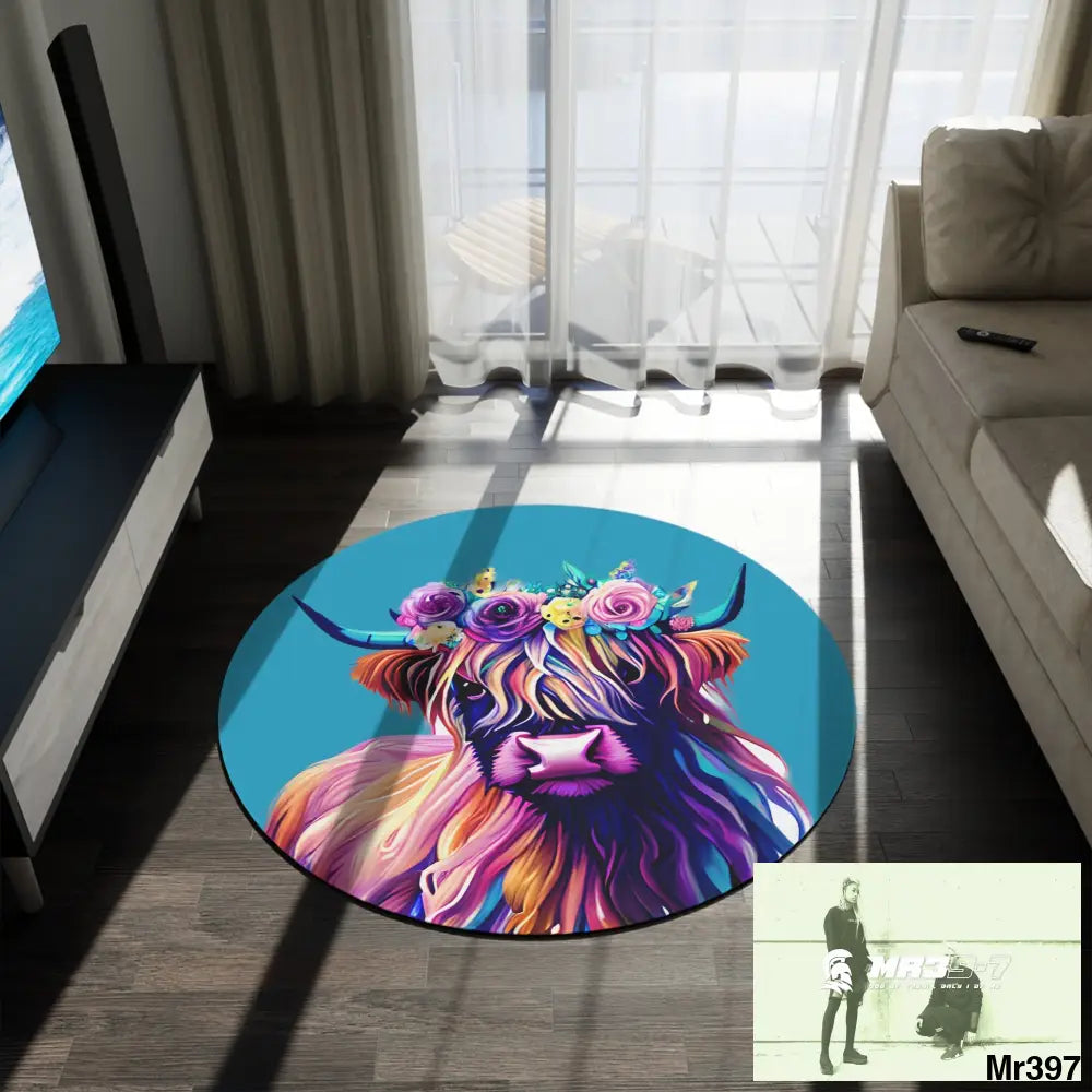 Baby Highland Cow Round Rug 60’’ × 60’’ Home Decor