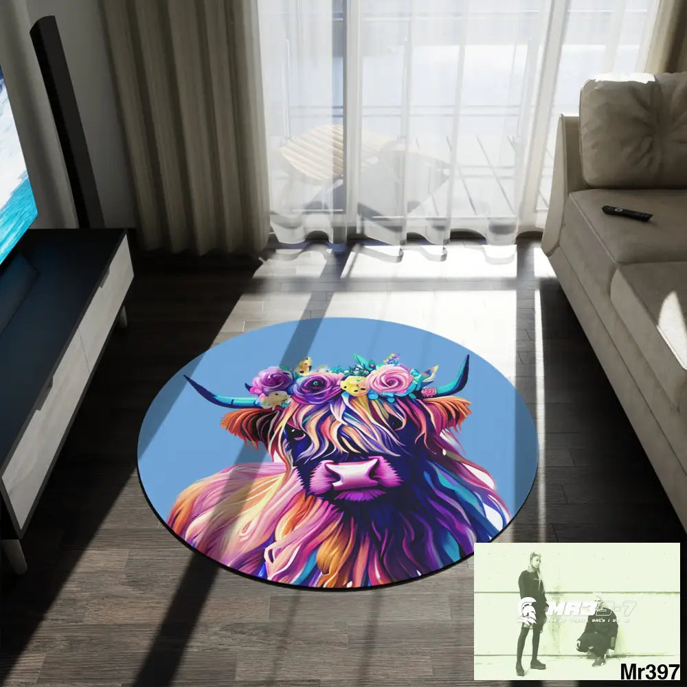 Baby Highland Cow Round Rug 60’’ × 60’’ Home Decor